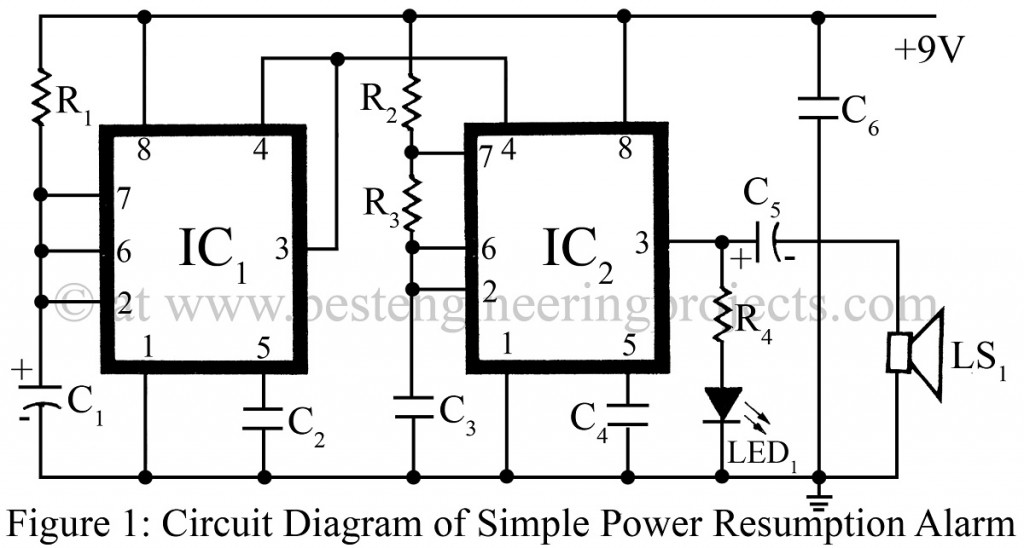 circuit diagram of simple power resumption alarm