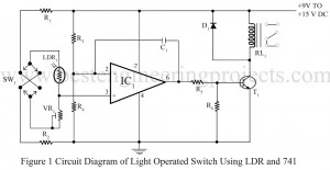 circuit diagram of light operated switch using ldr and 741