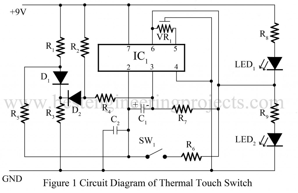 circuit diagram of thermal touch switch using op amp 741