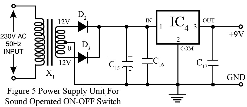 power supply unit for sound operated on off switch