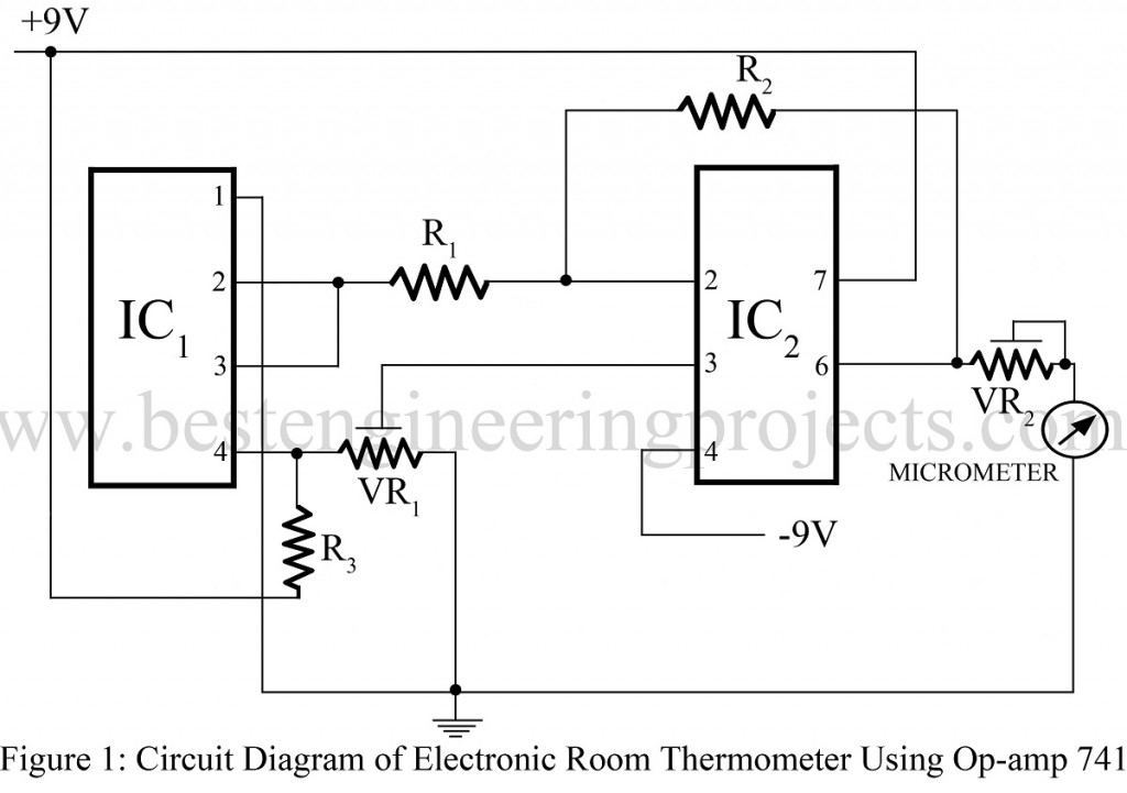 circuit diagram of electronic room thermometer using op amp 741