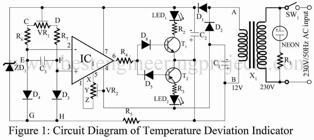 temperature deviation indicator circuit using 741