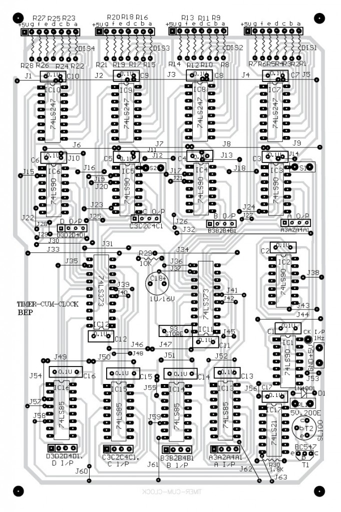 component side of pcb design of timer cum clock