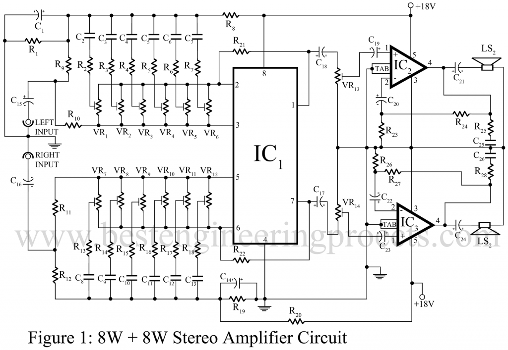 8w+8W stereo amplifier circuit