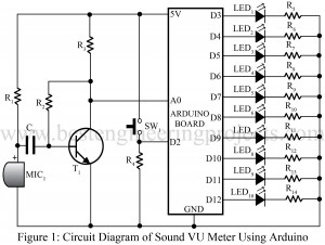 circuit diagram of sound VU meter using arduino