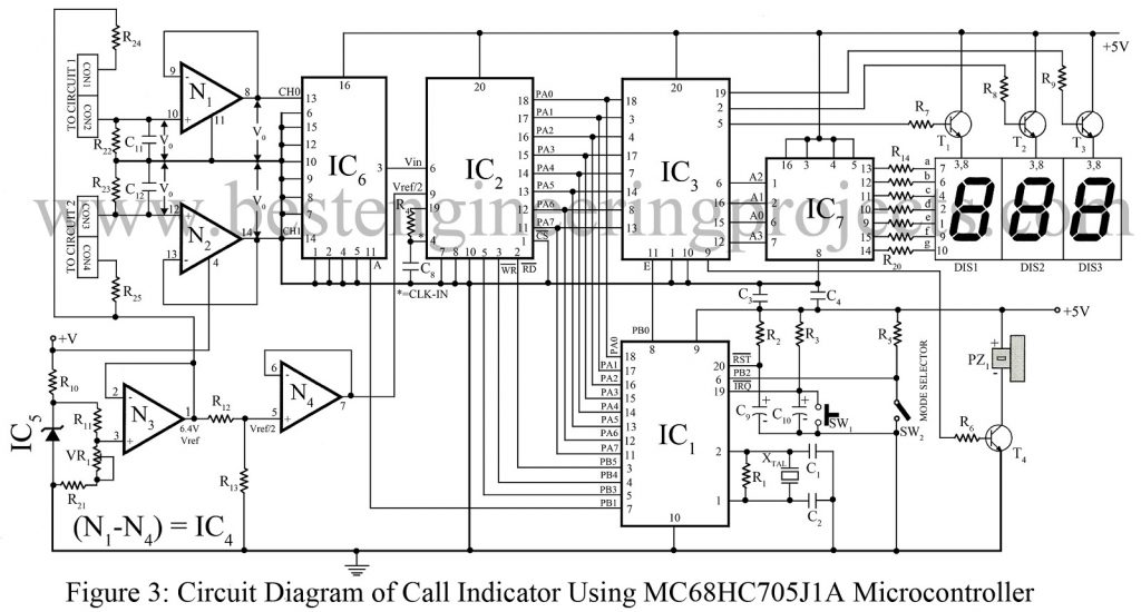 circuit Diagram of Call Indicator Using MC68HC705J1A Microcontroller