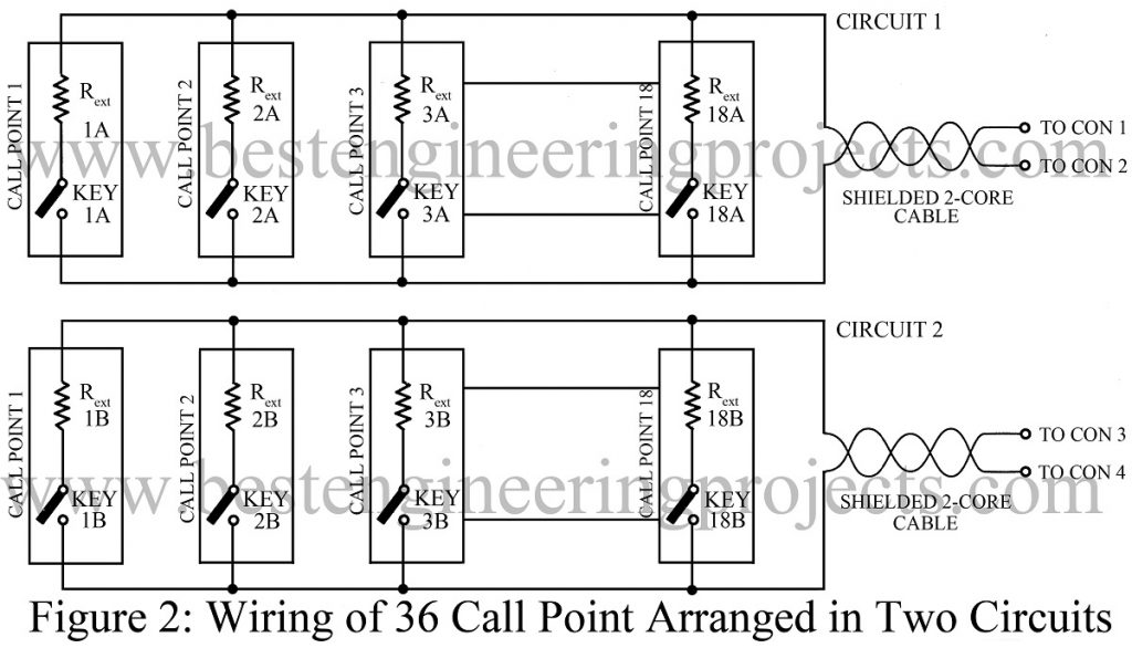 wiring of 36 call point arrangement in two circuits