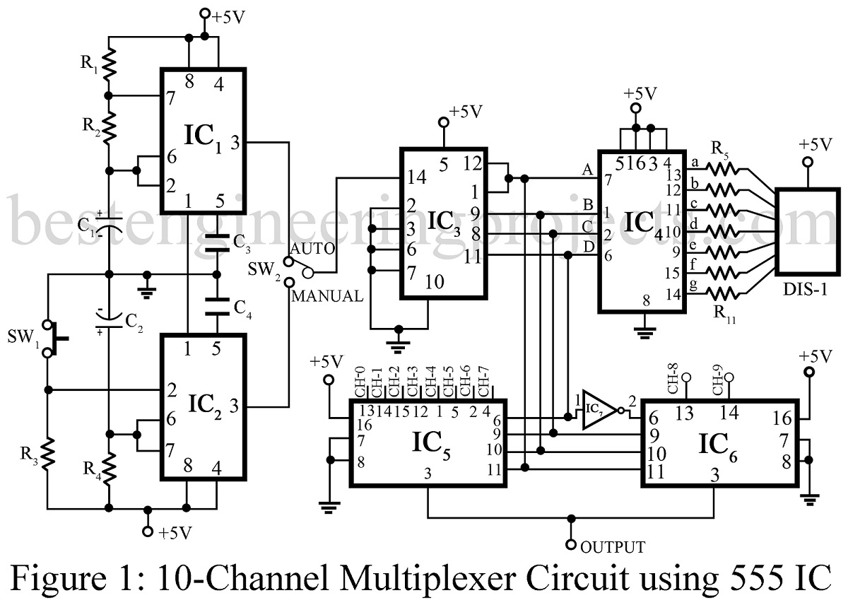 10-Channel Multiplexer Circuit using 555 IC