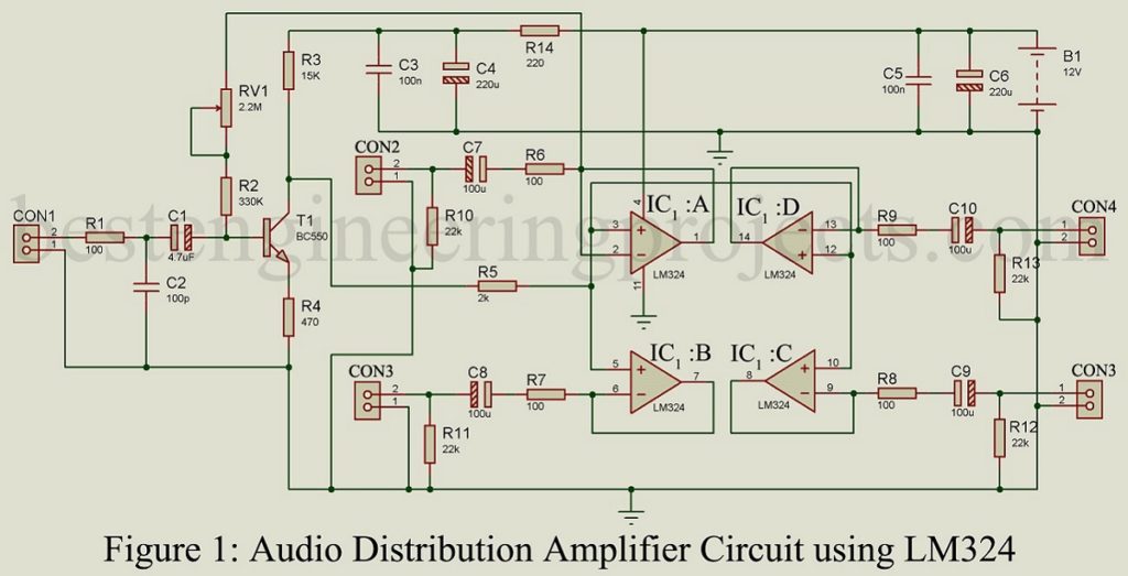 Audio Distribution Amplifier Circuit using LM324