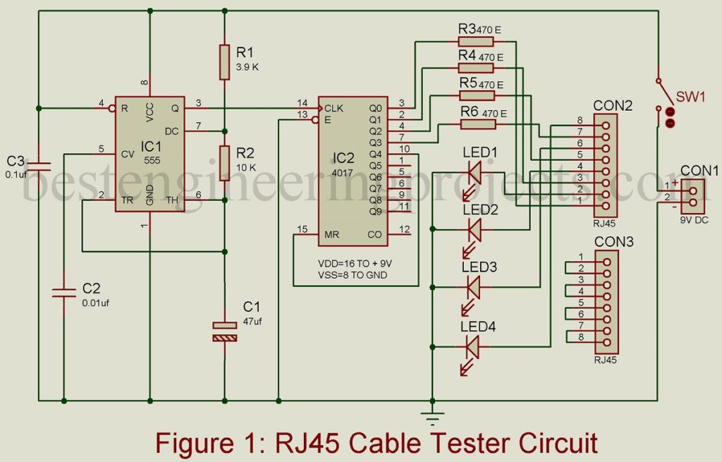 RJ45 cable tester circuit using 555 IC