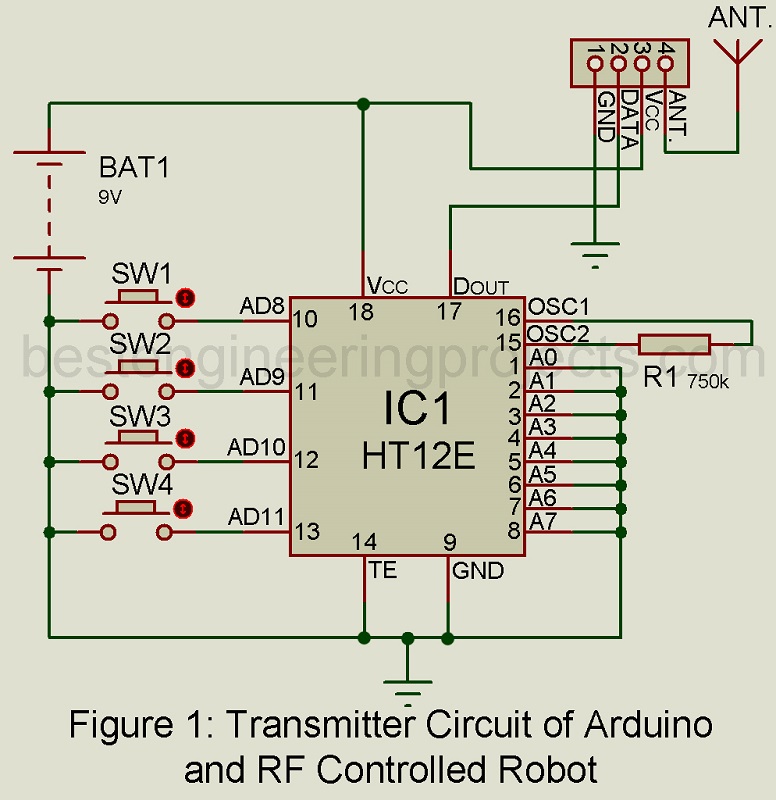 transmitter circuit of arduino and rf controlled robot