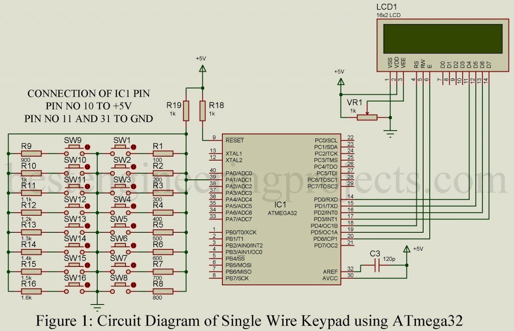 single wire keypad using atmega32 circuit