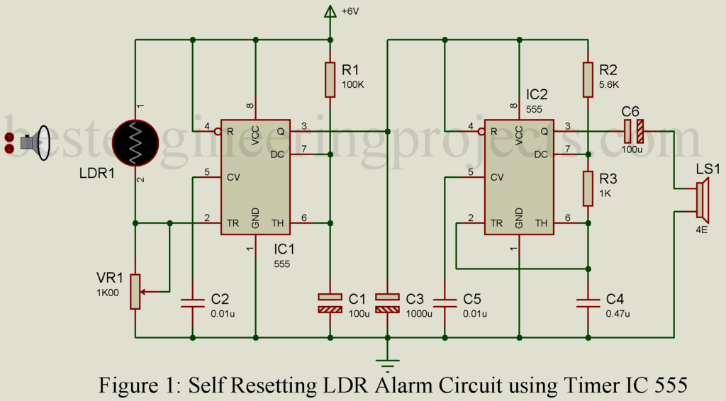 self resetting ldr alarm using timer ic 555