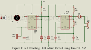 self resetting ldr alarm using timer ic 555