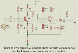 two stage rc coupled amplifier with voltage series negative feedback