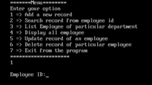 main menu of Employee Management System Using C++