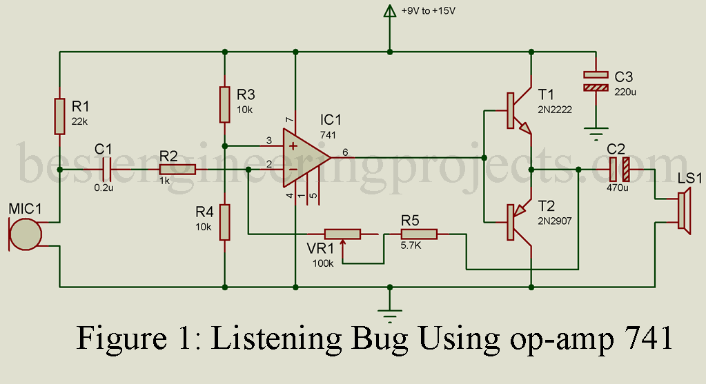 Listening Bug Using Op Amp 741 Op Amp 741 Based Projects