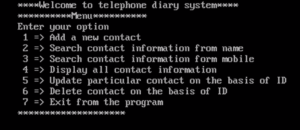 main menu of Telephone Diary using C++