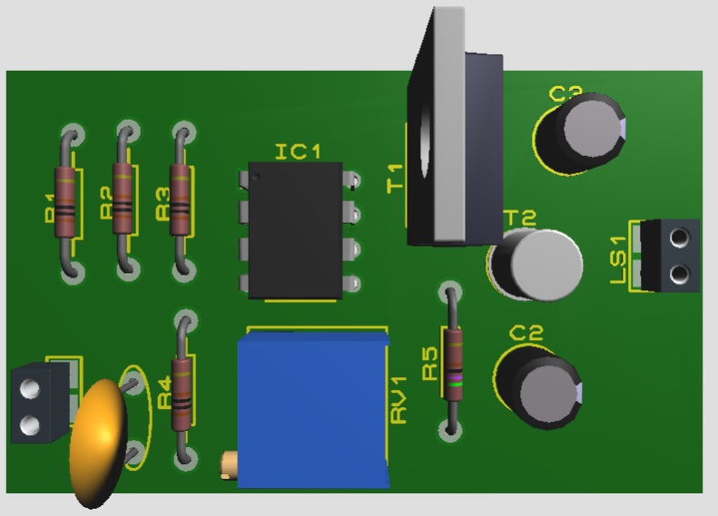 3D pcb diagram of listening bug circuit using 741 IC