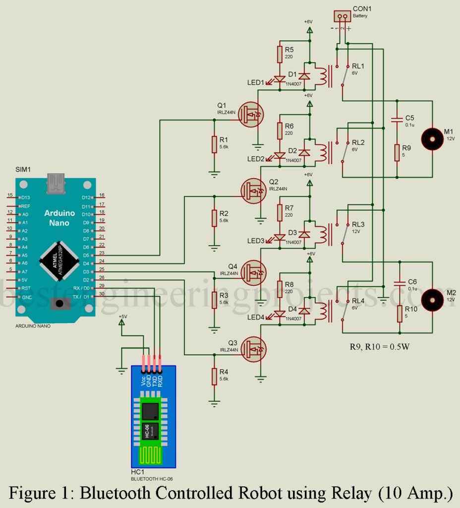 circuit diagram of Bluetooth Controlled Robot using Arduino