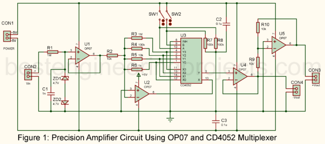 Precision Amplifier Circuit Using OP07 and CD4052 Multiplexer