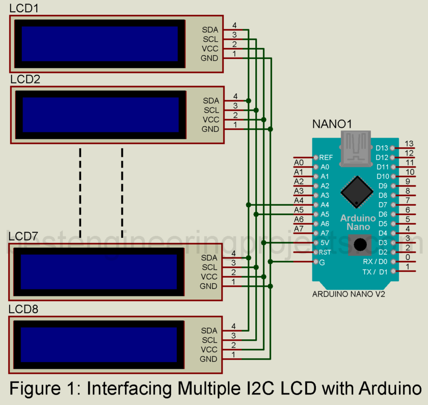 circuit diagram of arduino and multiple i2c lcd