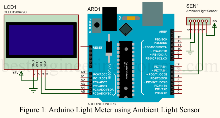 Circuit Diagram for Arduino Light Meter with OLED Display and Ambient Light Sensor