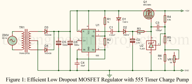 Efficient Low Dropout MOSFET Regulator with 555 Timer Charge Pump