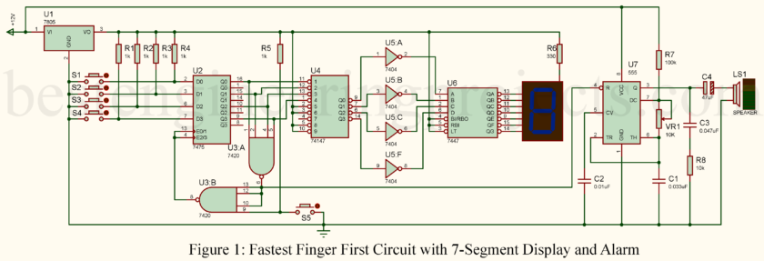 Fastest Finger First Circuit with 7-Segment Display and Alarm