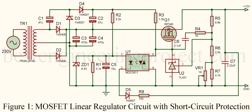 MOSFET Linear Regulator Circuit with Short-Circuit Protection