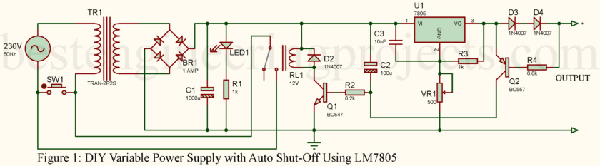 Variable Power Supply with Auto Shut-Off Using LM7805